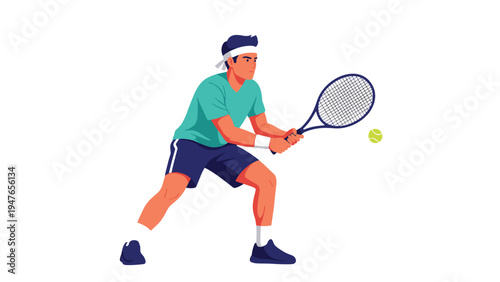 Young male tennis player in athletic gear swinging his racket to hit a yellow ball during a professional match.