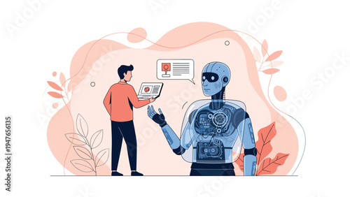 Man using a laptop to program a humanoid robot in a futuristic setting with organic shapes and floating data bubbles.