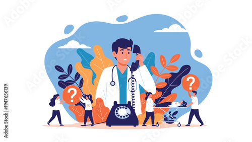 Worried doctor talking on the telephone in a medical clinic surrounded by tiny staff members caring for a patient.