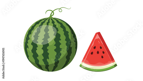 Whole round striped watermelon and a single juicy red wedge with black seeds shown against a clean white background.