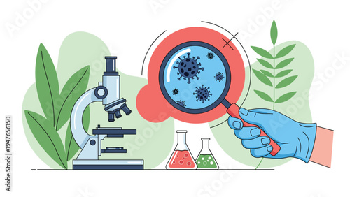 Scientific laboratory research scene with a microscope and hands in blue gloves using a magnifying glass to inspect virus cells.
