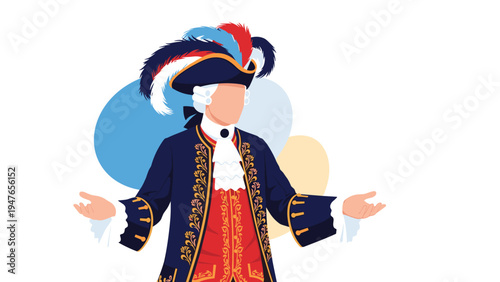 Man dressed in a royal historical navy blue and red uniform with an ornate feathered hat against an abstract background.