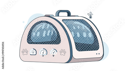 Specialized medical pet carrier incubator with clear windows and control dials for transporting small animals safely.