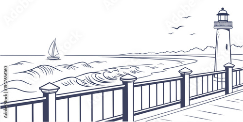 A lighthouse on a pier with a fence Vector