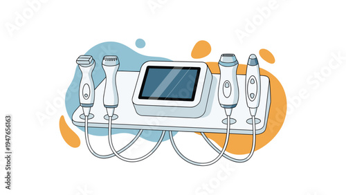 Selection of modern medical diagnostic ultrasound machines and probes arranged on a clinical table for health testing.