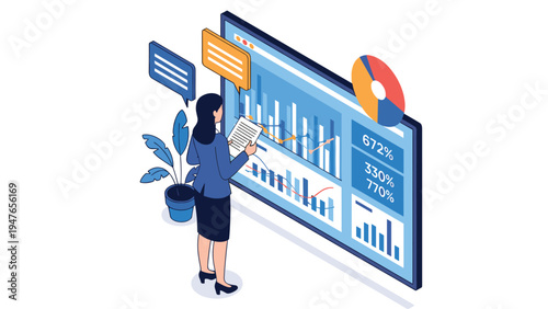 Professional woman analyzing complex data and financial charts on a large digital touch screen monitor in a modern office space.