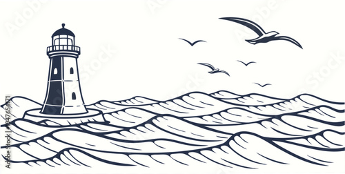 A lighthouse on the ocean with seagulls flying overhead Vector