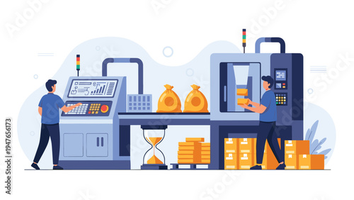 Industrial workers managing an automated production line with control panels and packaged goods in a large factory warehouse.