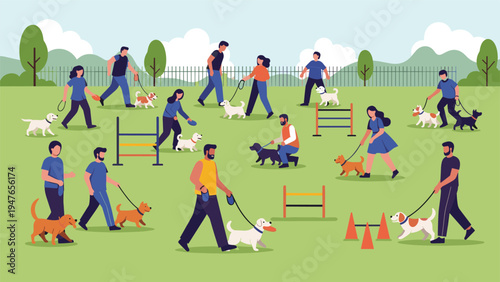 Crowded public park where people of various ages are walking and training their dogs of different breeds in a green field.