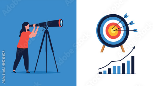 Split screen image of a woman looking through a telescope towards a target and a rising growth bar chart of success.
