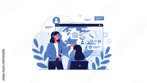 Customer support team working globally with a digital map interface to assist users via online communication tools.