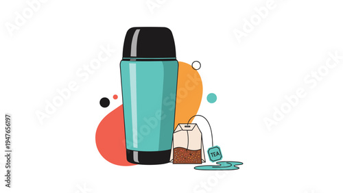 Turquoise insulated reusable water bottle standing next to a tea bag and a small puddle of water on a minimalist background.