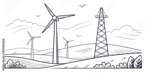 Wind turbines and transmission tower in a field Vector