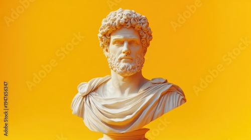 marble bust with curly hair and draped toga on pedestal against a vibrant yellow backdrop conveying a serene contemplative mood