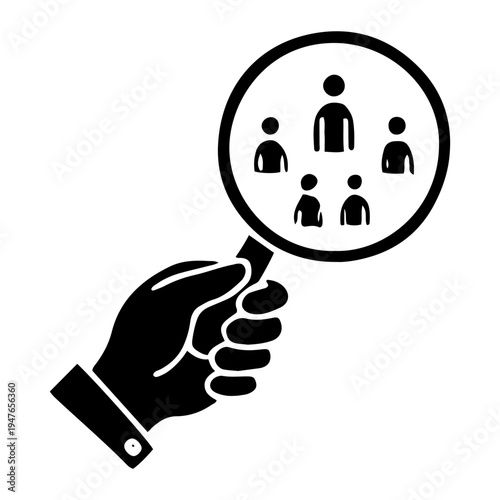 Hand-drawn magnifying glass examines diverse team in corporate setting for inclusive solutions