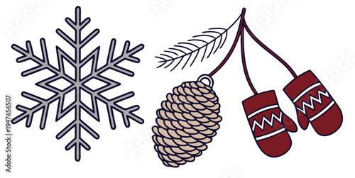 A snowflake, a pine cone, and a pair of mittens with a feather Vector