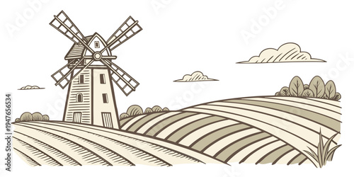 A windmill standing tall in a field of rows Vector