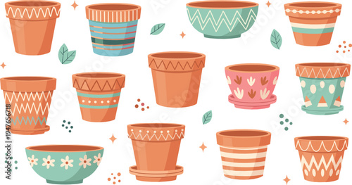 Decorative Terracotta Plant Pots Vector Collection with Patterned Clay Flower Pots Garden Planters Illustration Set