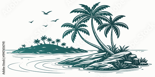 A small island with two palm trees and birds flying overhead Vector