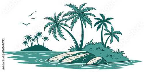 A tropical island with palm trees and birds flying overhead Vector
