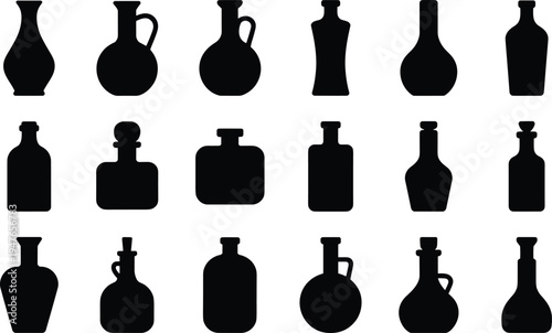 A Collection of Black Silhouette Bottles and Vases on a White Background container vessel