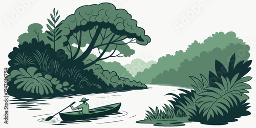 A man in a canoe paddles down a river surrounded by lush greenery Vector