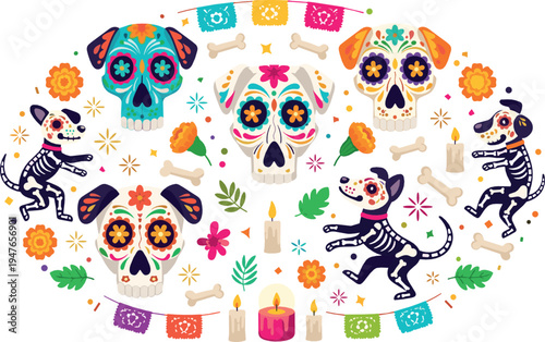 Day of the Dead dog and sugar skull circle frame vector illustration with colorful Dia de los Muertos festive decorations