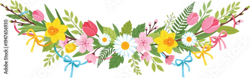 A colorful floral arrangement with vibrant flowers and green leaves on a white background