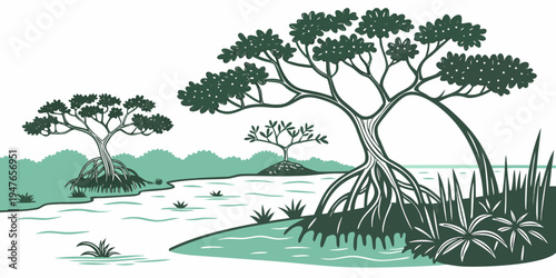 A serene landscape with trees and a body of water Vector