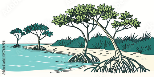 A group of trees on the beach by the water Vector