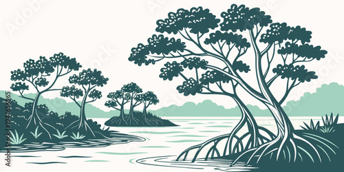 A serene landscape with trees and a body of water Vector