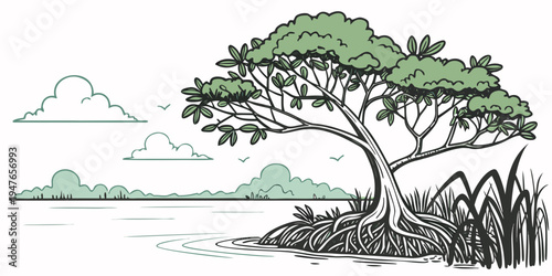 A tree on a hill with clouds in the background Vector