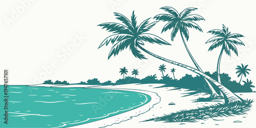 A beach scene with palm trees and turquoise water Vector