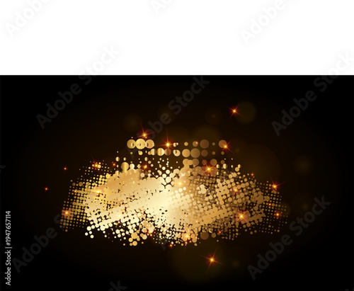 Gold grunge halftone spot. Golden dotted brushstroke bg