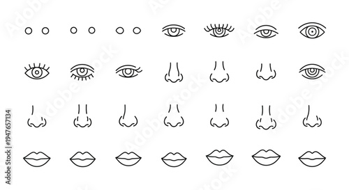 Abstract Face Parts Collage: Eyes, Noses, Mouths, Dots Line Art
