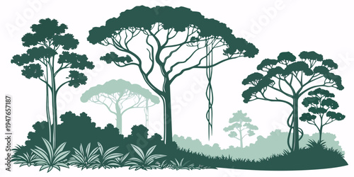 A group of trees and bushes in a forest Vector