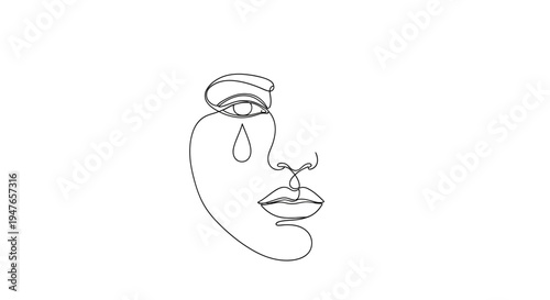 Abstract Minimalist One Line Drawing of Woman's Face with Tear Drop