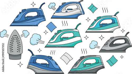 Electric steam iron household appliance vector illustration set featuring modern clothes irons, garment care equipment, laundry tools and home cleaning technology