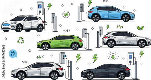 Electric cars charging station vector illustration set featuring modern EV vehicles, battery charging points, eco friendly transportation and sustainable energy technology