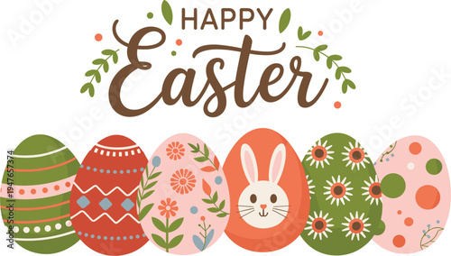 Happy Easter greeting vector with patterned floral eggs and bunny face for spring holiday celebration