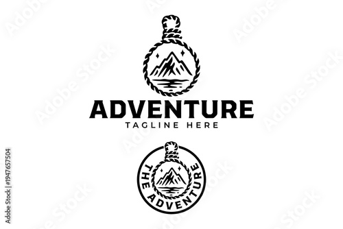 Mountain peak enclosed by a rope frame retro badge logo design for adventure. Rope framed mountain geometric logo design for outdoor. Wilderness peak with rope border emblem logo design for expedition