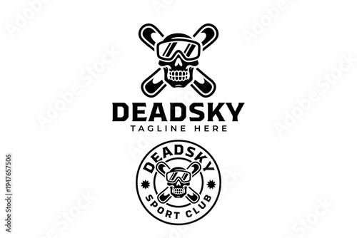 Skull wearing snow goggles with crossed snowboards retro logo design set for sport team. Skull with ski board vintage badge logo design for extreme sport. Snowboard skull illustration design