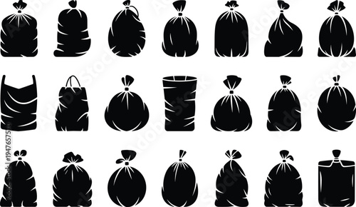 Collection of Eighteen Black Silhouettes of Trash Bags, Shopping Bags, and Sacks on a White Background