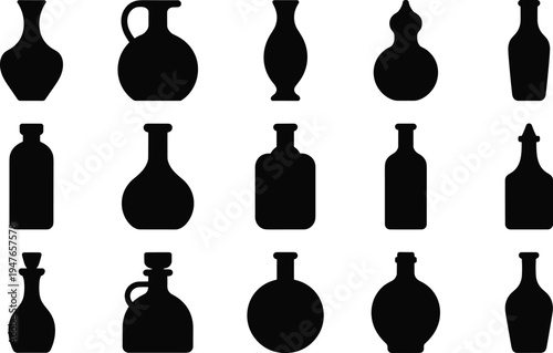 Collection of Fifteen Black Silhouettes of Various Vintage and Modern Bottles and Vases on a White Background