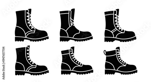 Black Combat Boots Collection Icons, Military Footwear Silhouettes Isolated