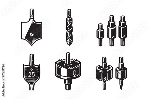 Drill bits tool set retro vector illustration design for carpentry. Woodworking drill bit vintage element design collection for workshop. Spade bit, Twist bit, hole saw, Boring accessories, Drilling