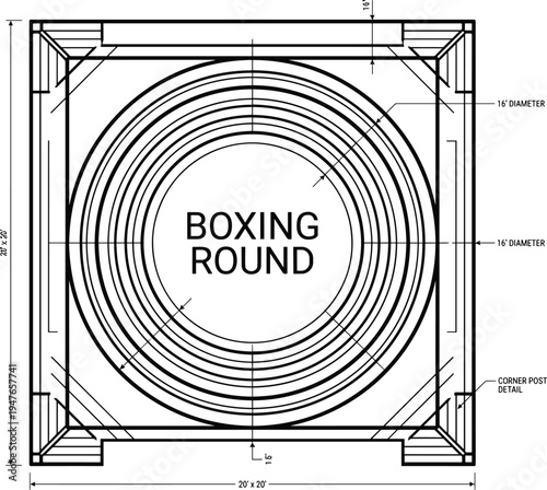 Boxing ring blueprint technical drawing, professional fight arena layout with dimensions and ropes, sports architecture vector illustration plan