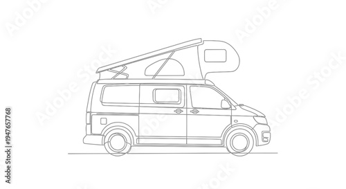 Camper Van Line Drawing, Pop Top Roof, Camping Vehicle Outline
