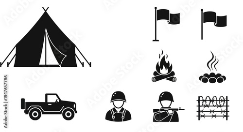 Camping Icons Set: Tent, Jeep, Soldiers, Fire, Flags, Barbed Wire