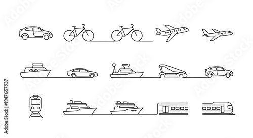 Clean Line Art Icons of Diverse Transportation Vehicles